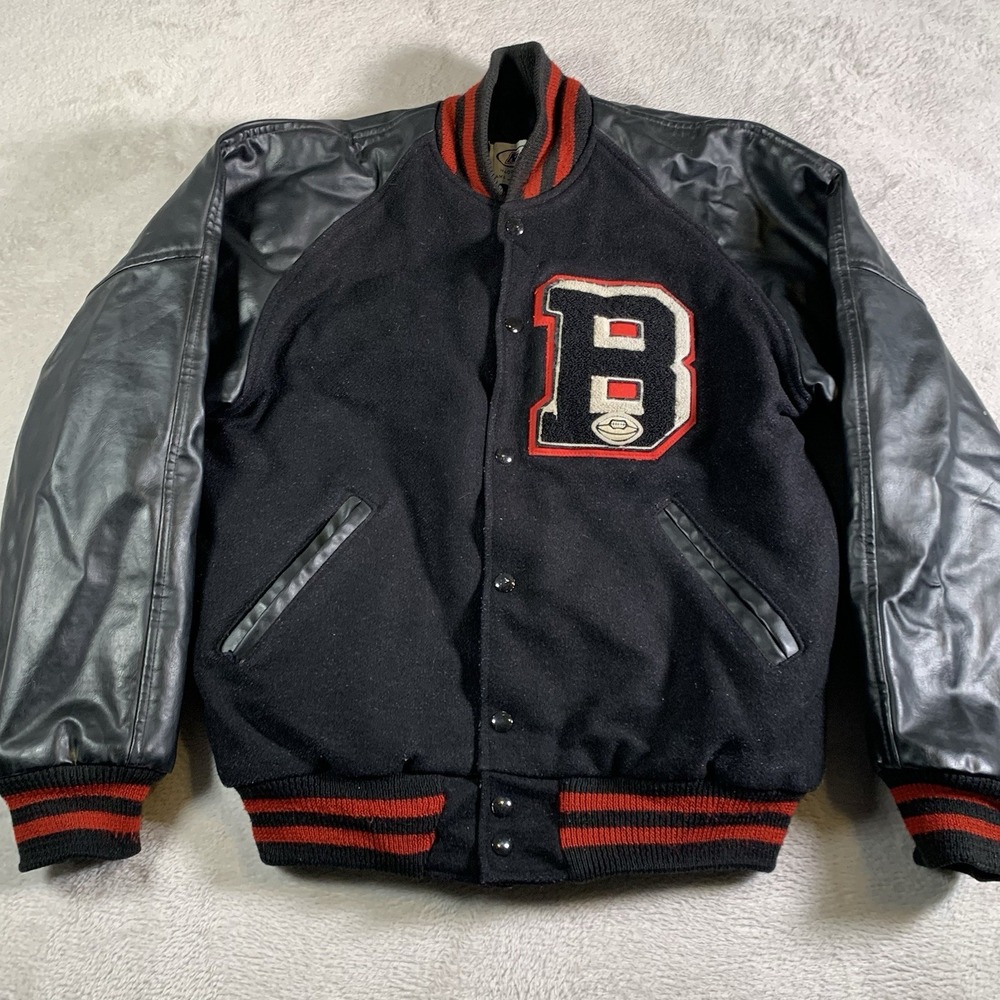 Vintage NEFF Jacket Varsity Letterman Mens‎ M Black Wool Leather Quilted Big B